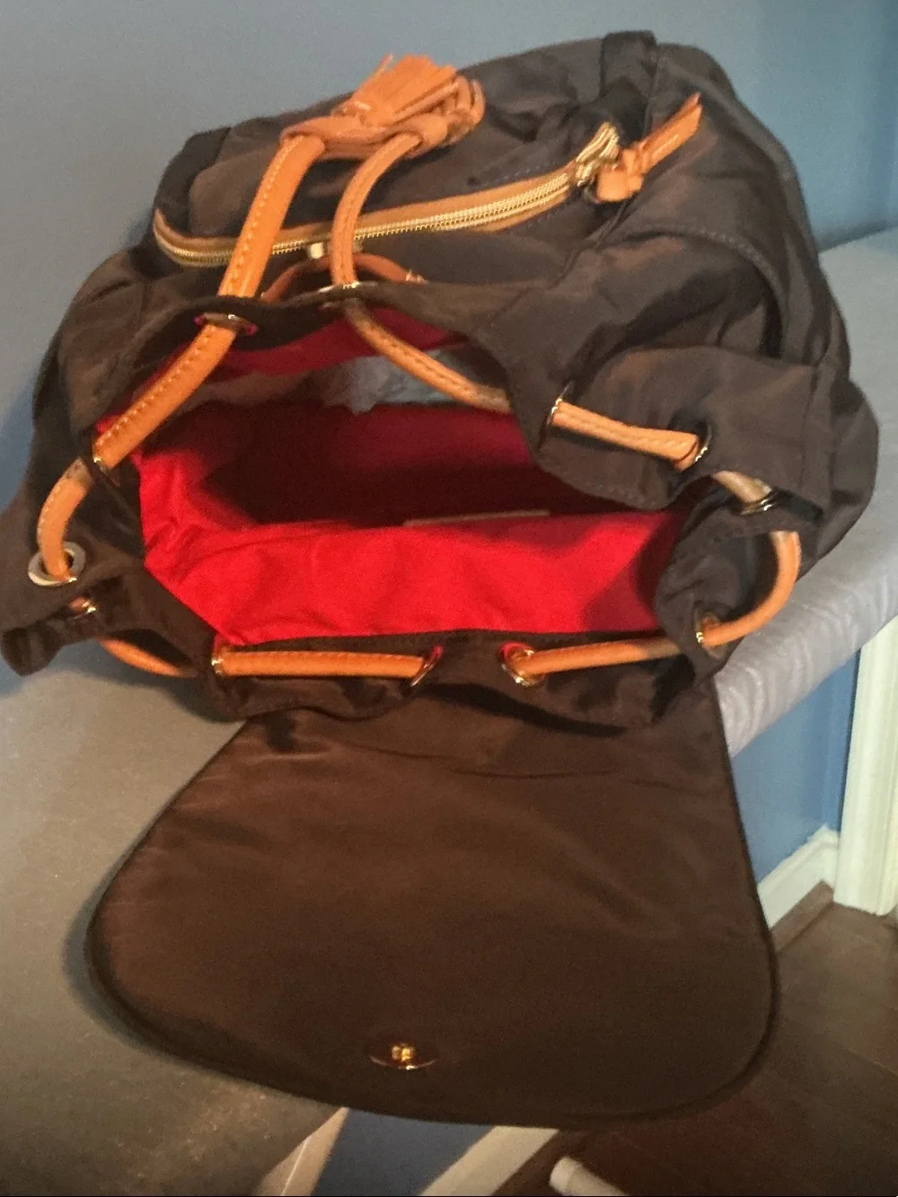 Dooney & Bourke Black Backpack with Tan Leather Accents